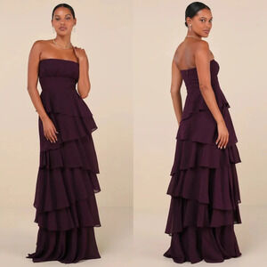 Lulus Gorgeous Essence Dark Purple Strapless Tiered Maxi Dress Wedding Party